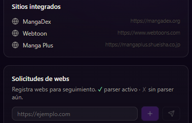 Sitios integrados (MangaDex, Webtoon, Manga Plus) y formulario para solicitar nuevas webs con indicador de sitio