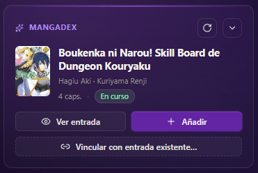 Vista rápida: resultado de búsqueda en MangaDex con opciones para ver o añadir la obra
